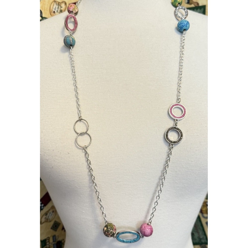 Viva Beads Long Silver Tone Chain Necklace Enamel Ovals Floral Clay Beads Boho